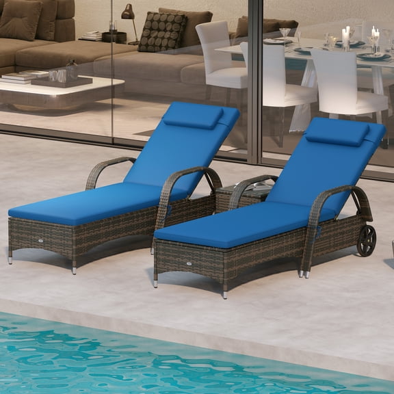 Outsunny Chaise Lounge Set of 2 with 5 Angle Backrest, Wheels, Armrests, Table, Cushions, PE Rattan Wicker Chairs, 3-Piece Pool Furniture Set, Blue