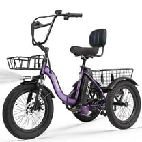 ESKUTE Purple E Trike Electric Bike, Peak 1200W Brushless Motor Folding Trike 18X3.0 Fat Tire Ebike, 499Wh Removable Battery, Step-Thru 3 Wheel Electric Bicycle, 48V 10.4AH 18MPH  Tricycle for Adults