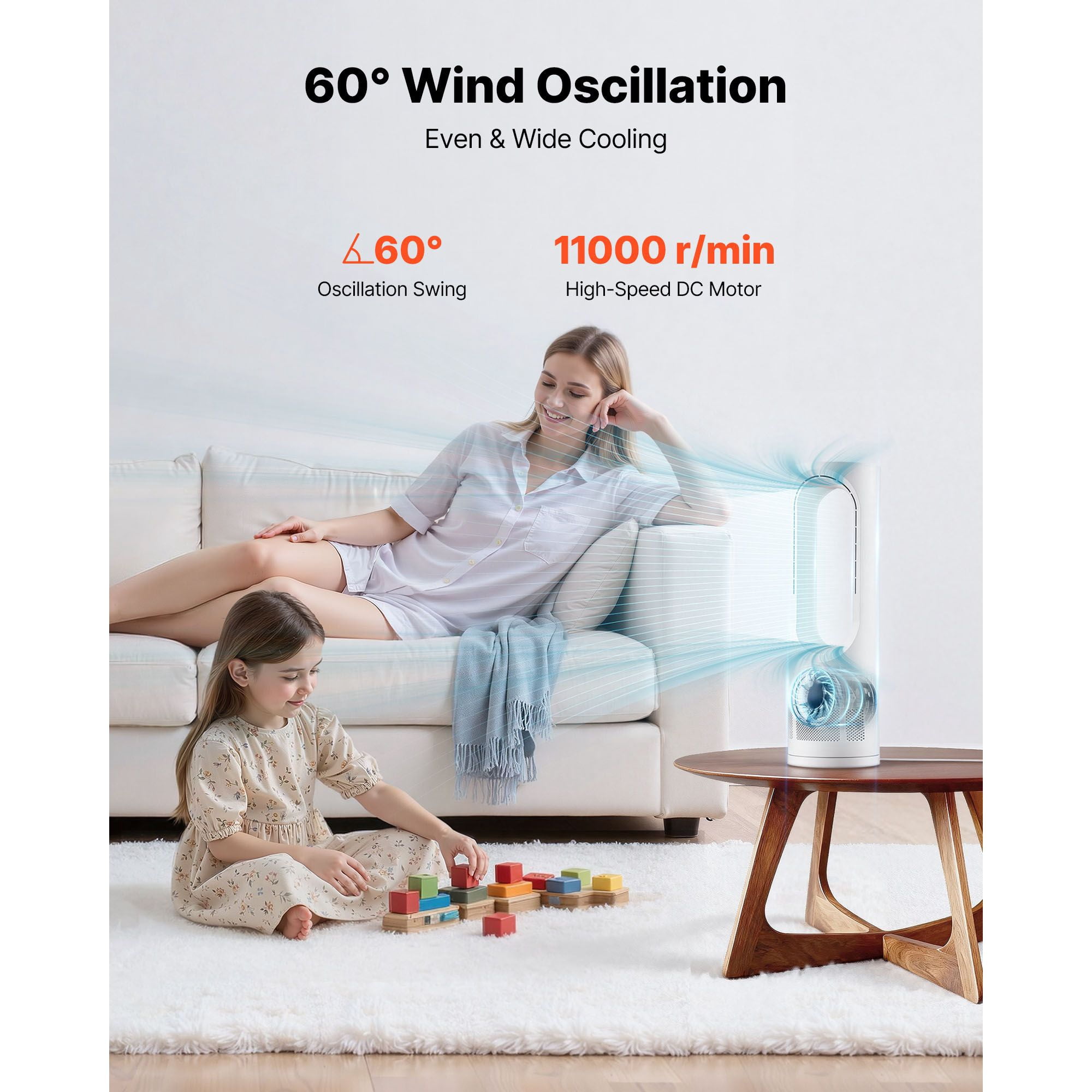 Desk Fan Bladeless, 17 inch Office Table Fan Small Quite, 5 Speeds Adjustment, 0-9H Timer, 60-Degree Oscillation, Touch Control, Easy to Clean, Portable for Office, Living Room, Bedroom