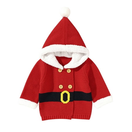 

Grianlook Girls Santa Claus Hooded Neck Cardigan Color Block Button Down Jackets Christmas Thicken Plush Outwear Red 73cm