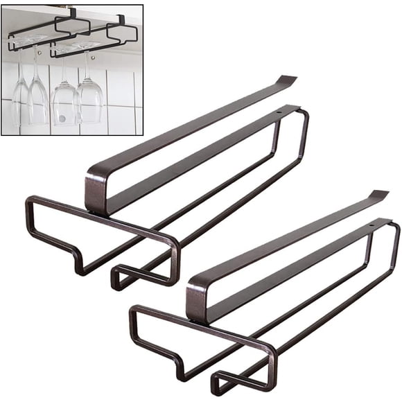Hängande vinglashållare i metall, vinställ under skåp, montering, rymmer upp till 4 glas, 2-pack, brunt