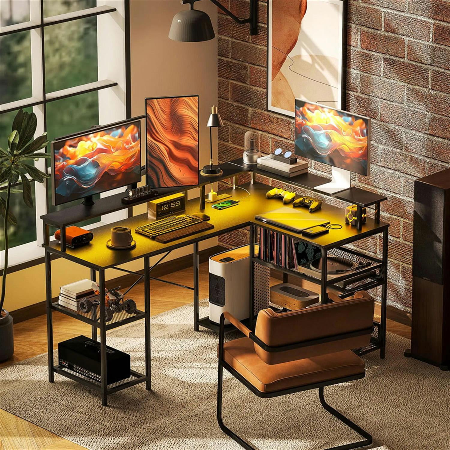 Demi Bonn 59" L Shaped Corner Office Desk with LED Lights and Power Outlets, Home Computer Desk for Living Room, Office, Study Writing Table PC Desks, Black