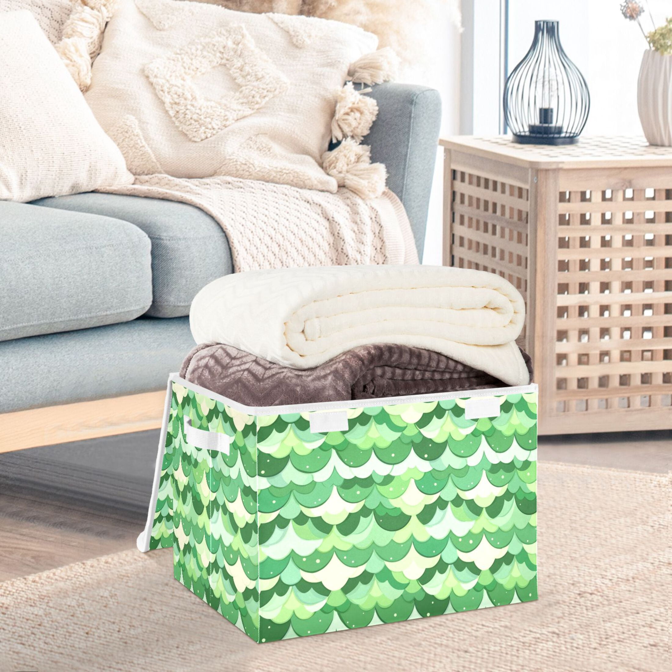 Cute Green Scale Picture Large Storage Bins with Linen Collapsible Lid Storage Box 16.7 x 12.6 x 11.8in