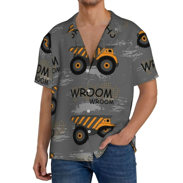 Balery Construction Machines Men's Casual Button Down Shirt Short Sleeve Textured Summer Cuban Beach Shirts-Medium