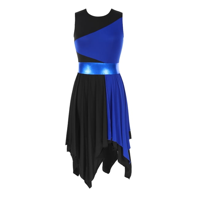 Jizyo Robe de Danse Sans Manches à Ourlet Irrégulier Col Rond pour Femmes Bleu&Noir S