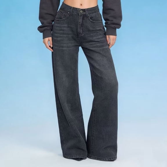 CIAKGIAF Womens Jeans Casual Straight Wide Leg Denim Pants Black L