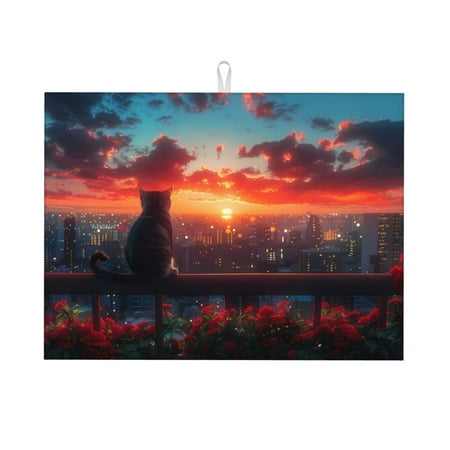 

Tebeau Cat Watching City Sunset Print Dish Drying Mat for Kitchen Counter Dish Drying Pad with Non-slip Rubber Backed Hide Stain Anti Absorbent for Kitchen Counter Drying Mat
