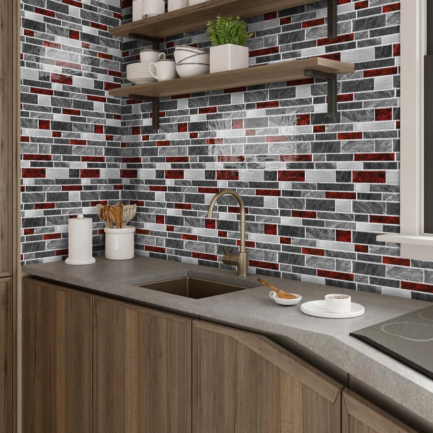 10 Sheets 12" x12inch Black and Red Marble Effect Vinyl Tiles, Backsplash, Self-Adhesive Peel and Stick Wall Tile Stickers, Stick on Subway Tiles for Kitchen Bathroom Wall Decor