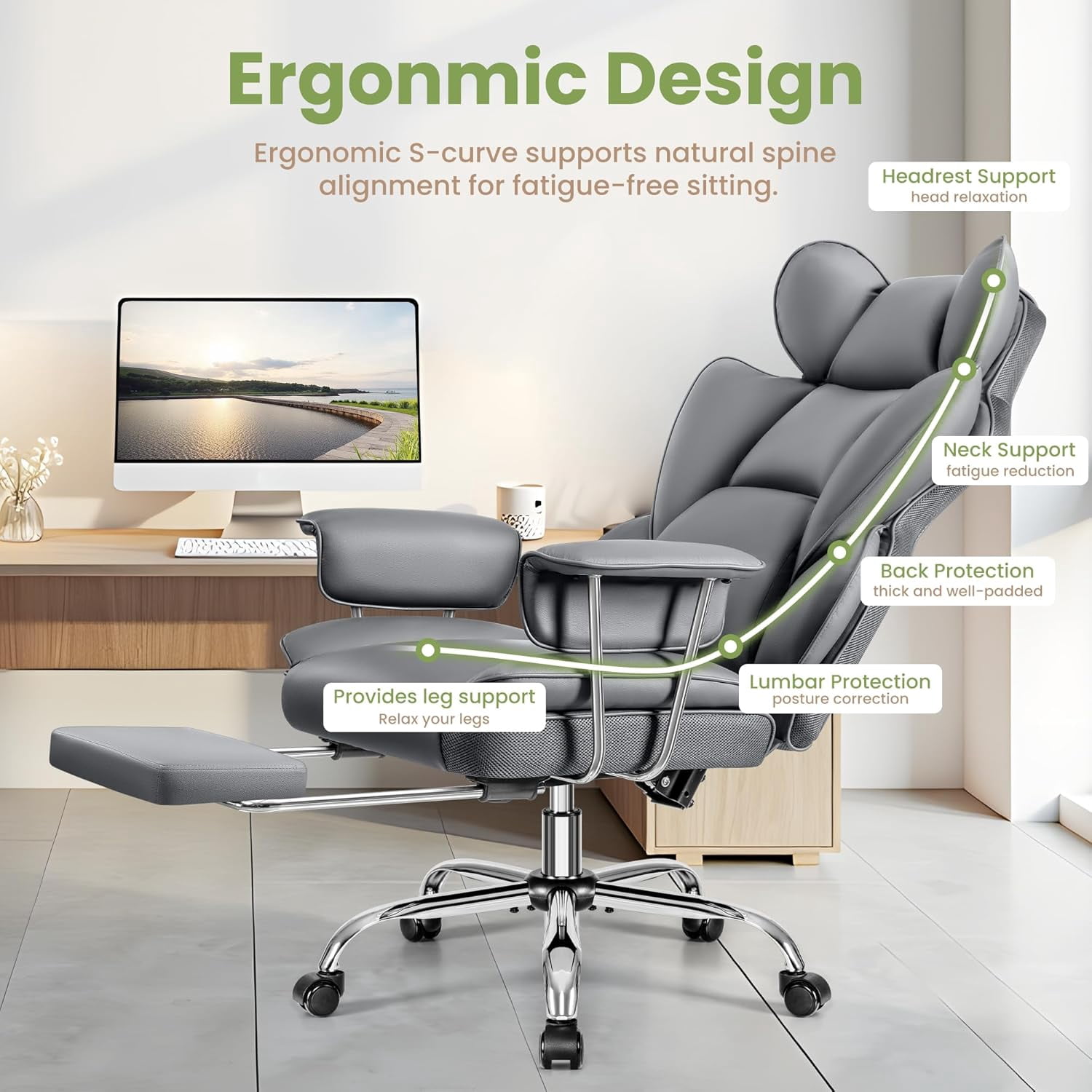 Woodty Executive Chair, PU Leather, High Back, Home Office, Gray (Set of 1)