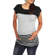 Maternity Short Sleeve Scoopneck Mixed Stripe and Solid Side Cinch Top
