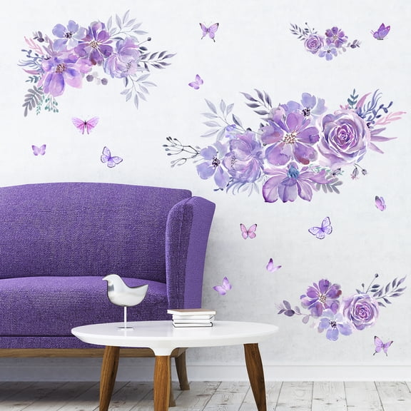 Purple Floral Wall Decals with Butterflies Removable Watercolor Flower Stickers for Bedroom Living Room Decor