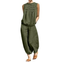 qolati Women's 2 Piece Outfits Dressy Summer Lounge Sets Cotton Linen Sleeveless Mock Neck Linen Tank Top and Wide Leg Cropped Pants Matching Sets