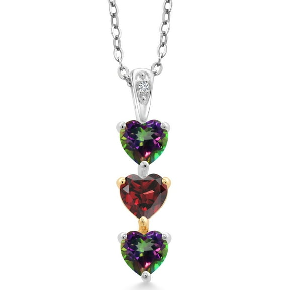 Gem Stone King Keren Hanan Lab Grown Diamond 3 Stone Heart Shape Pendant Necklace with Chain 1.81 Ct Green Mystic Topaz Red Garnet 925 Silver and 10K Yellow Gold