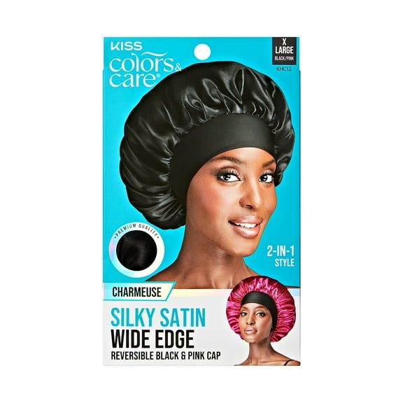 KISS Colors & Care Silky Satin Reversible Hair Bonnet Cap, Wide Edge, XL, Black