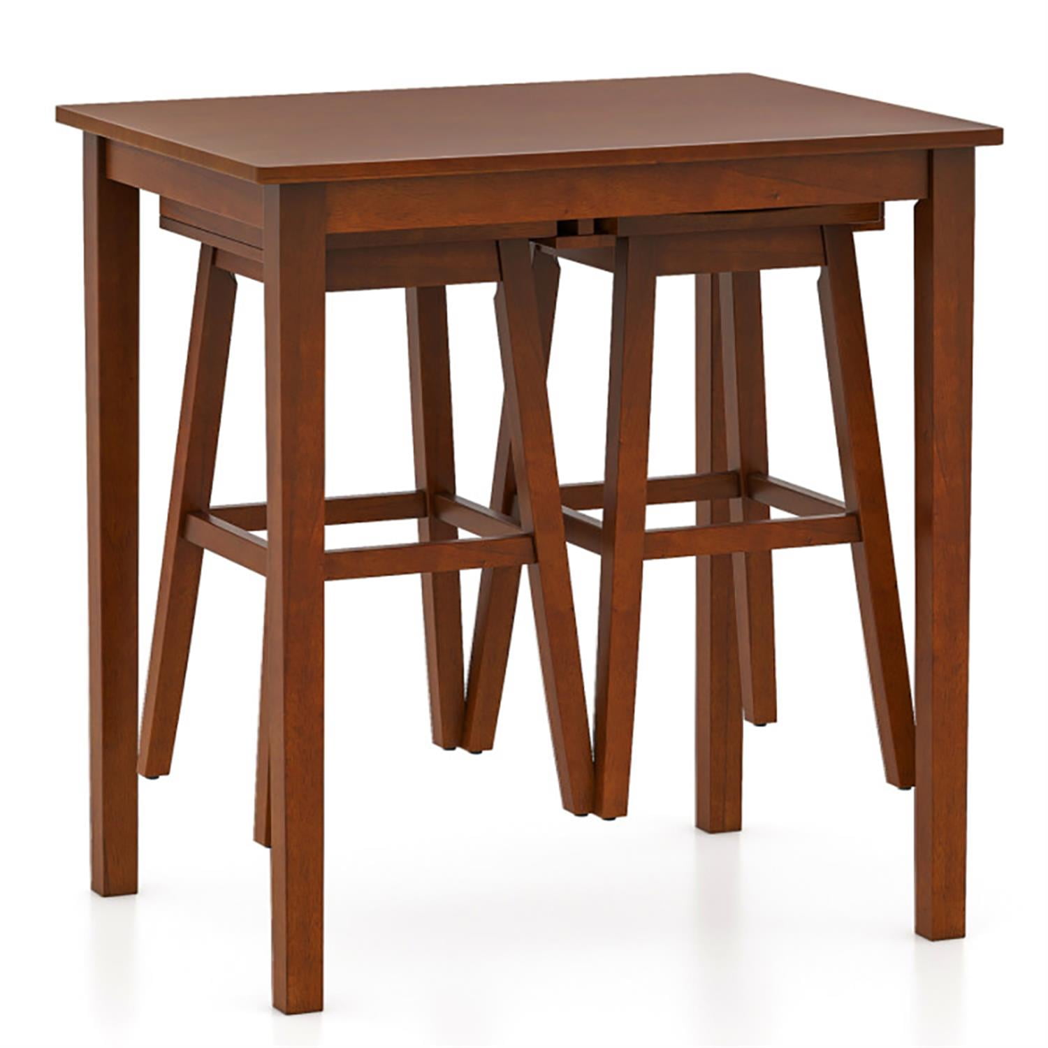 Demi Bonn 3-Piece Bar Table Set with Pub Table and 2 Saddle Stools, 35" Wooden Kitchen Dining Table Set, Perfect for Small Space, Brown