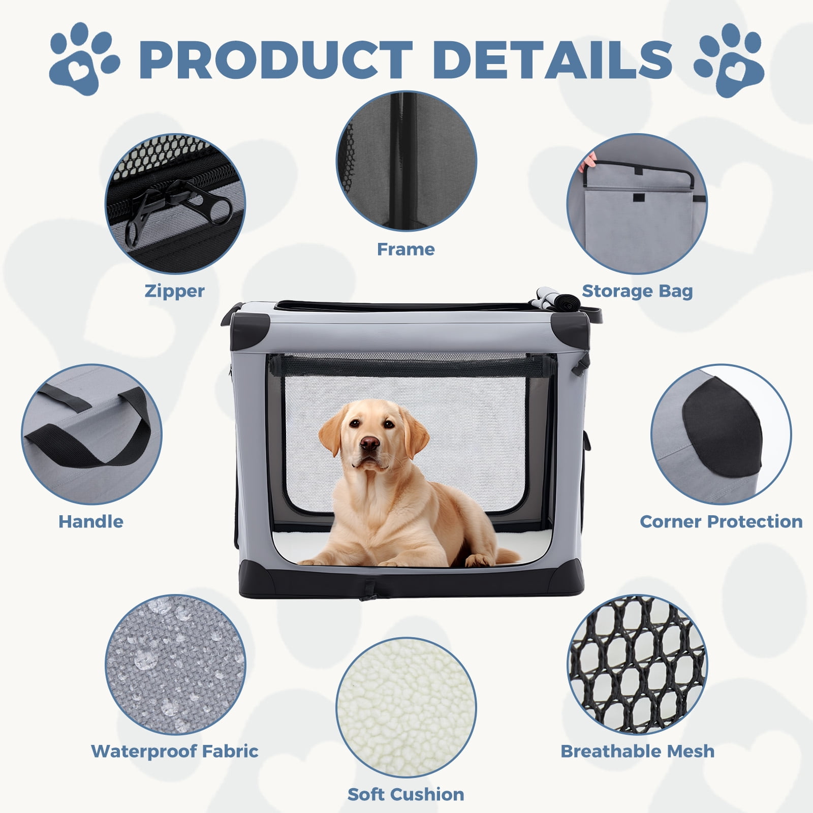 Foldable Soft Dog Crate, 600D Oxford Fabric, Portable Pet Kennel with 3 Doors, Indoor & Outdoor Use for Small to Extra Large Dogs