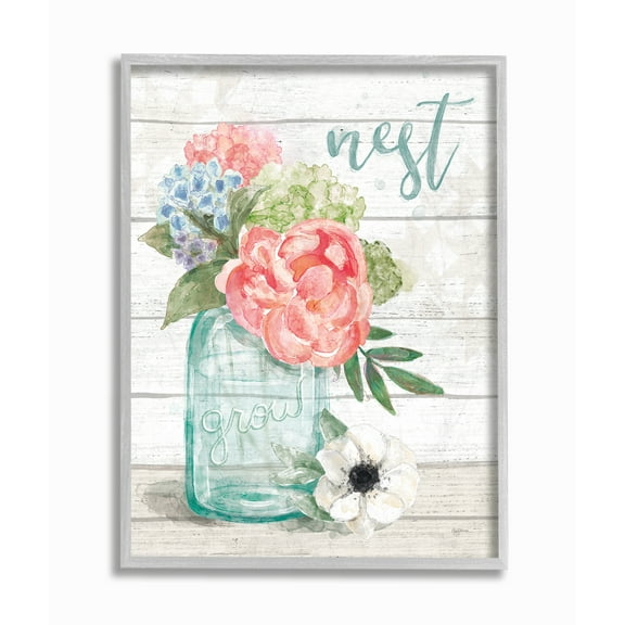 Stupell Industries Nest Grow Flower Jar Rustic Wood Textured Word Design Framed Wall Art by Mary Urban