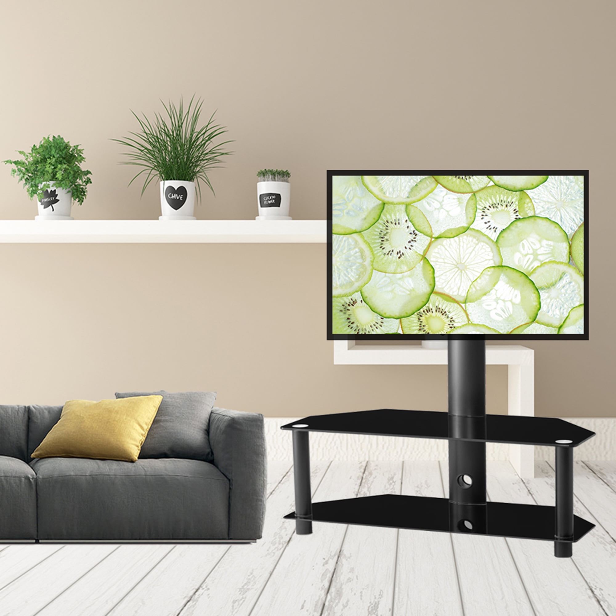 LCD TV Bracket W/2 Shelves Hight Angle AdjustableMetal Frame Floor TV Stand 
