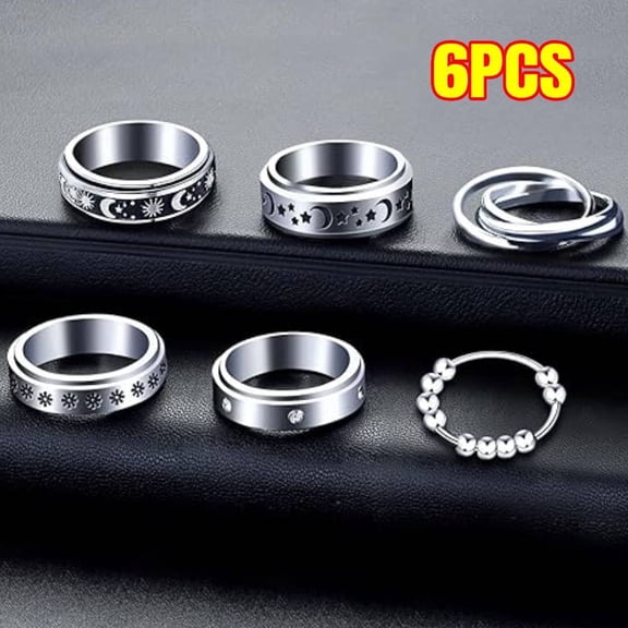 Fidget Rings for Anxiety 6pcs Stainless Steel Spinner Ring Anti Anxiety Ring Spinning Moon Star Cool Stress Relieveing Rings for Women Men