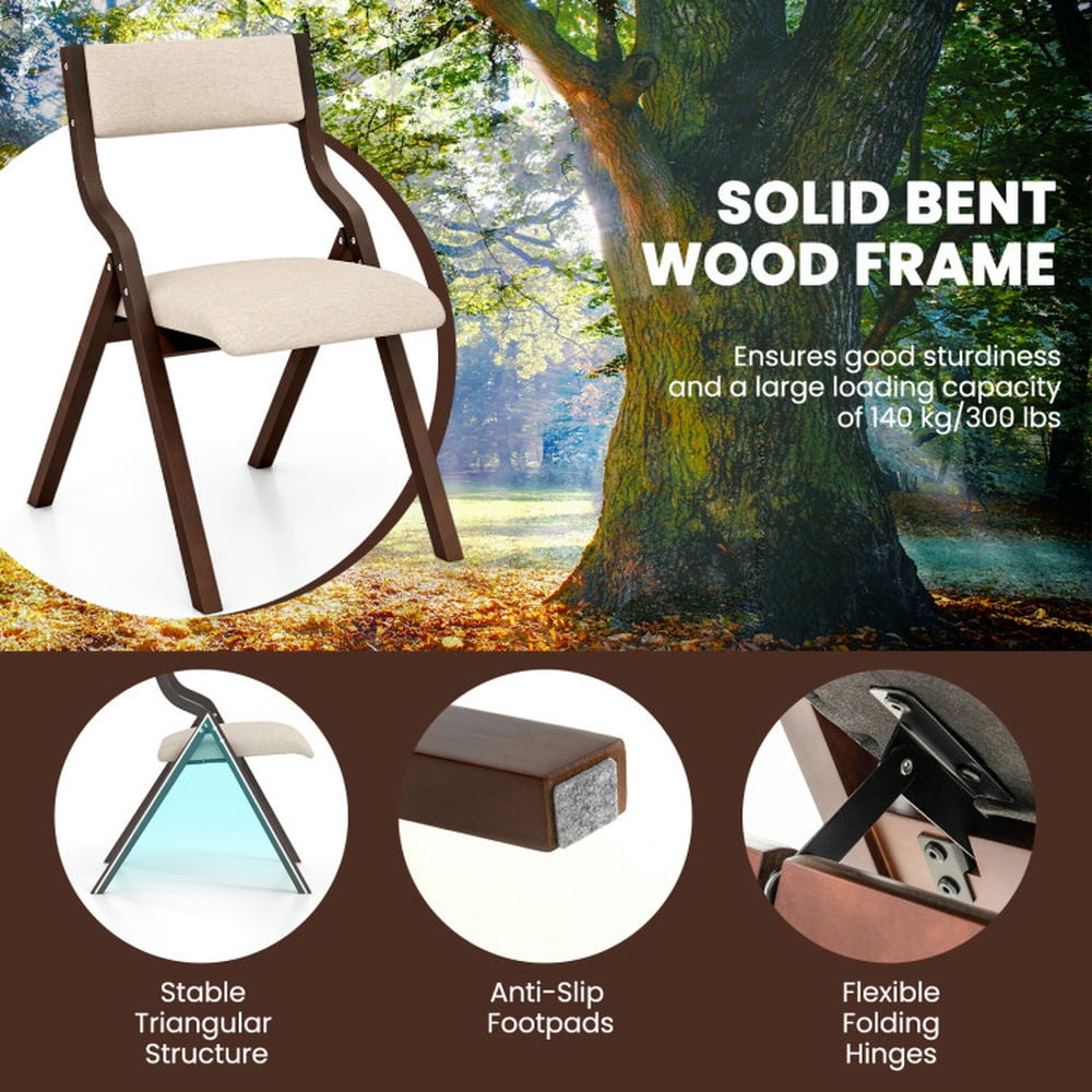 Demi Bonn Set of 2 Wooden Folding Dining Chair with Linen Fabric Padded Seat and Backrest, Brown