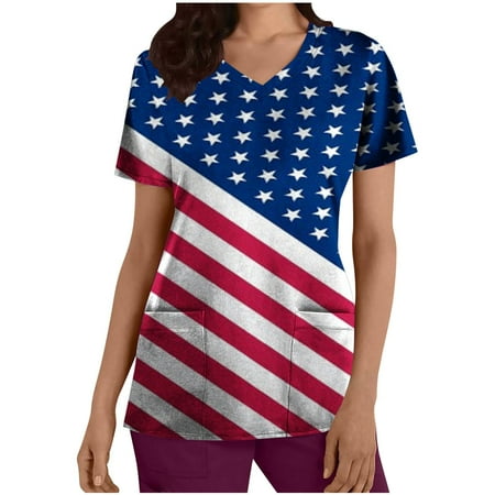 

Women s V-Neck American Flag Holiday Star Stripe Printed Patriotic Scrub Tops Scrubs for Women Workwear