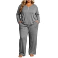 thumbnail image 2 of Hvogkswy Plus Size Pajamas for Women Set Solid V Neck Long Sleeve Sleepwear Drawstring Wide Leg Pants Soft Comfy Loungewear Sets with Pockets XL-5XL, 2 of 6