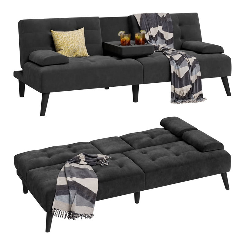 Walsunny Convertible Futon Sofa Bed, Foldable Futon Sleeper Sofa Bed with 2 Cup Holders, Folding Loveseat Recliner with 3-Angle Adjustment Modern Couch for Living Room, Small Space, Black