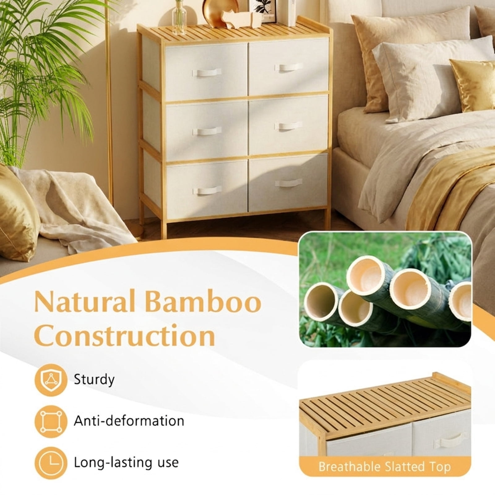 Furnibear Fabric Dresser with 6 Drawers with 6 Folding Fabric Bins for Bedroom Living Room for Bedroom Closet Living Room Nursery Clothes, Natural