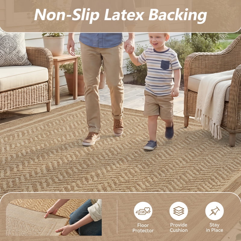SIXHOME Outdoor Rugs 5'x7', Farmhouse Bordered Patio Rug, Indoor Outdoor Polypropylene Weave Textured Carpet, Water-Resistant, Quick-Dry Rug for Porch, Balcony, RV, Garden, Neutral Brown