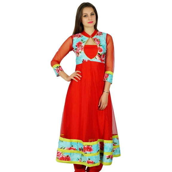 Bimba Womens Classic Net and Dupion Silk Anarkali Kurta Red Kurti Long Formal Party Dress