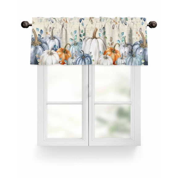 Floral Fall Thanksgiving Kitchen Valances for Windows Orange White Blue Pumpkin Leaf Valance Curtains for Kitchen /Living Room/Bedroom/ Bathroom Decor, 54"x18 " ,Rod Pocket 1 Panel,