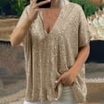 thumbnail image 2 of Women Plus Size Sparkly Sequin Blingbling V Neck Short Sleeve Loose Top Tee Shirt, 2 of 6