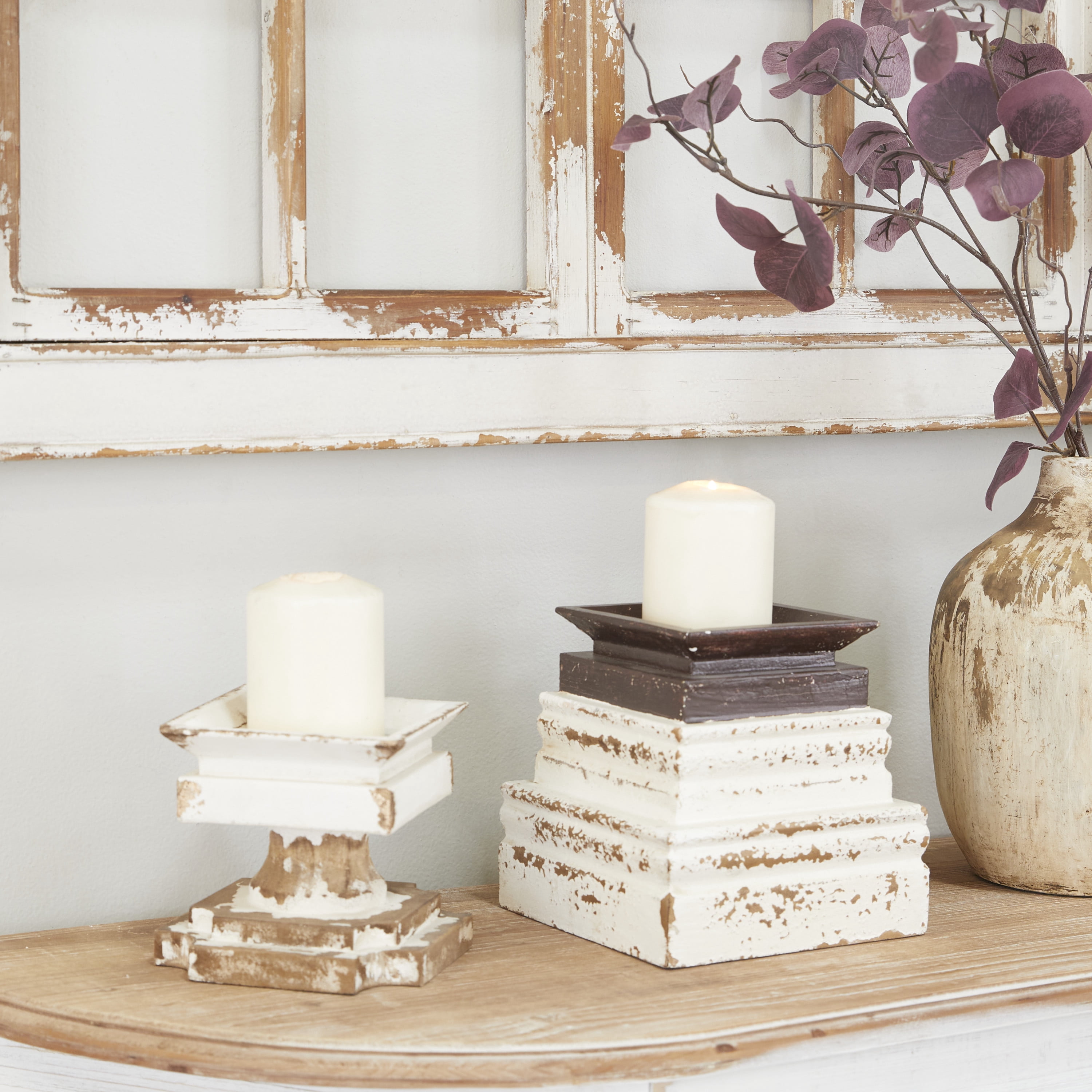 DecMode 2 Candle White Wood Candle Holder, Set of 2