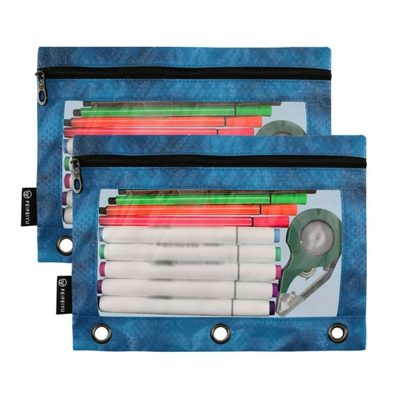 2 Pack Pencil Pouch for 3 Ring Binder Smooth Zipper Folders with Pockets Clear Window Pencil Case Blue Dreamy Fluffy Clouds