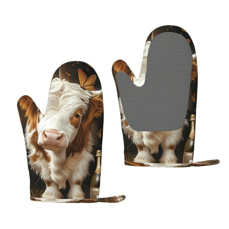 

Lukts Rustic Cow Butterflies Champagne for Silicone Anti-Scalding Gloves Kitchen Lanyard Gloves for Grilling Baking Cooking