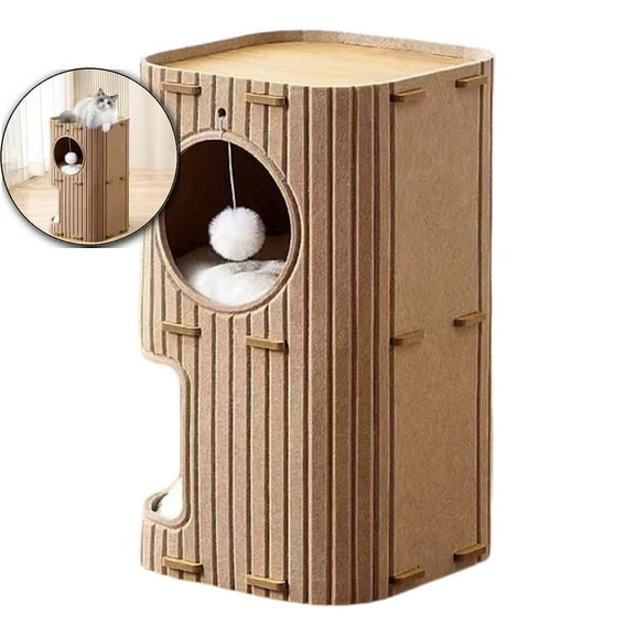 WNFJR Cat House for Indoor Cats, 2-Storey Large Cat Bed Cave, Cozy Felt Covered Cats Tunnel Condo Hideaway for Multicats, 14.57x14.57x23.62 inches