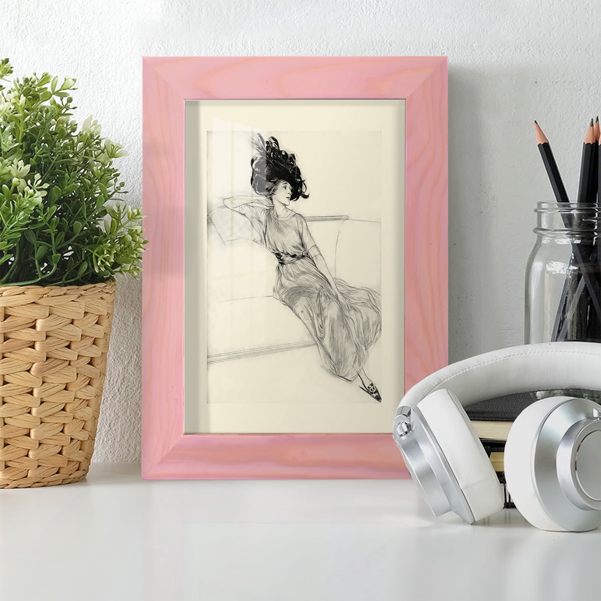 Feather Hat I -Framed Print w/glass-Sunset Pink