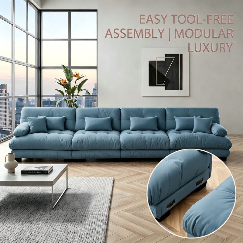 ANPPORT Cloud Couch Sleeper Sofa, Chenille Blue 4-Seater Modular Sofa, 4 Lumbar pillows, 2 Pillows, Comfy Deep Seat Cloud Sofa, Convertible L-Shaped Floor Couch for Living Room