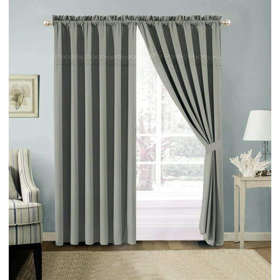4-Pc Hoku Modern Hexagonal Embroidery Curtain Set Solid Gray Valance Sheer Liner Drape