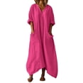 thumbnail image 2 of QUNYINEY Cotton Linen Spring Dresses for Women Casual Long 3/4 Sleeve Solid A Line Dress V Neck Loose Fit with Pockets Flowy Dresses, 2 of 7