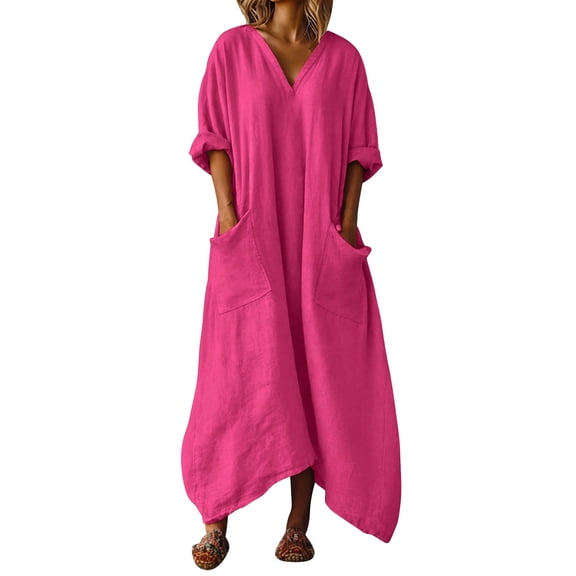 GUACER Women's Cotton Linen V-Neck Maxi Dress with Pockets Loose Casual Summer Long Dress Asymmetrical Hem Beach Dress