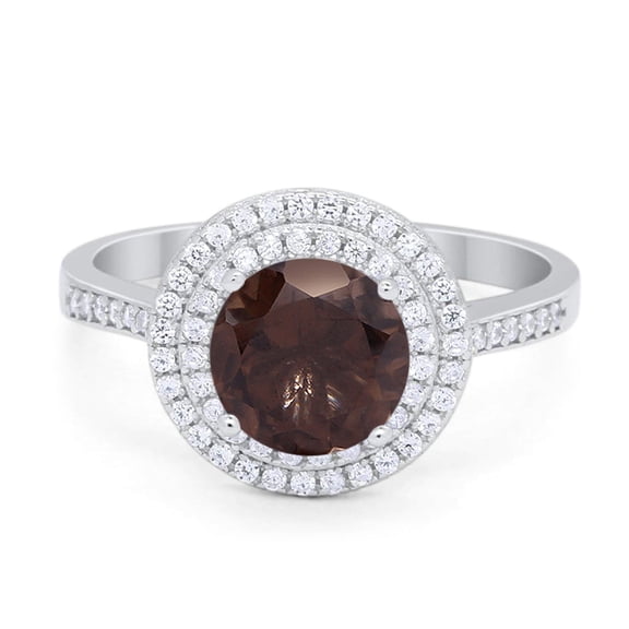 Natural Chocolate Smoky Quartz Size-5 Art Deco Round Vintage Style Double Halo CZ Wedding Engagement Rings For Women 925 Sterling Silver Gifts For Her