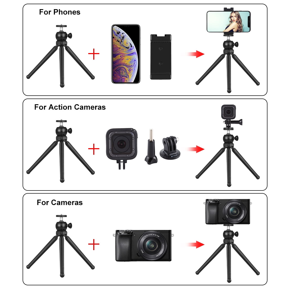 QKOO Mini Octopus Flexible Tripod Holder with Ball Head & Phone Clamp + Tripod Mount Adapter &