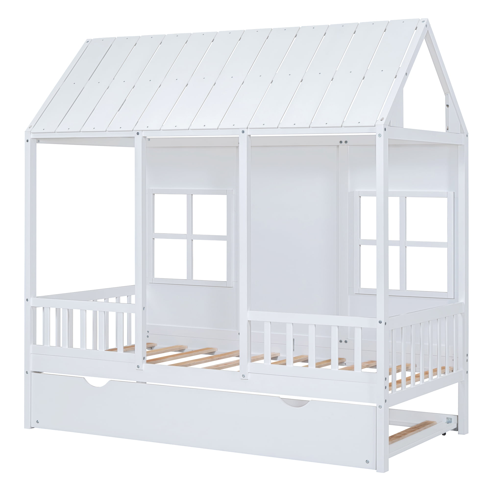 Harper & Bright Designs House Bed with Trundle Twin House Bed, Wooden Platform Bed Frame with Headboard and Roof for Girls Boys, White