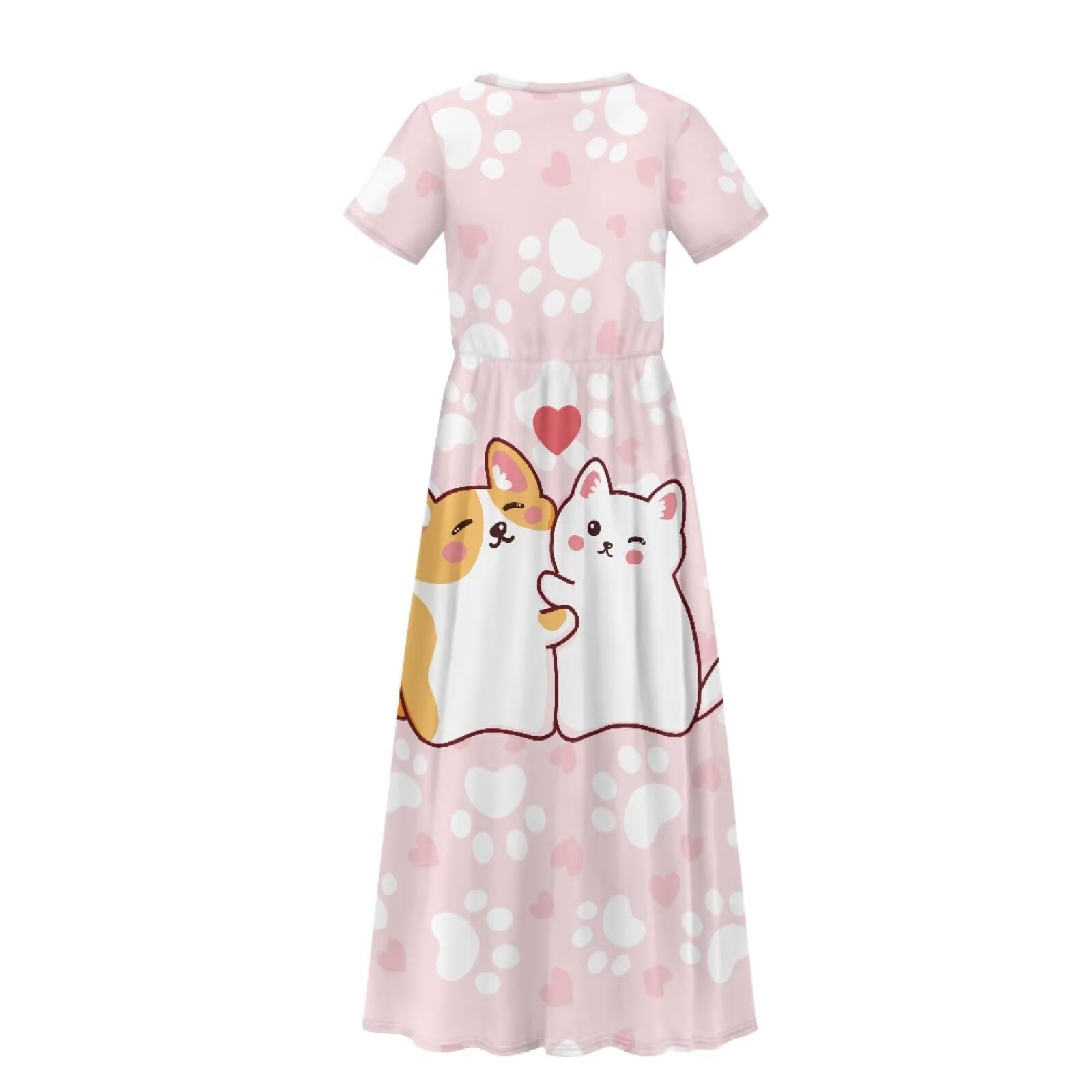 Uourmeti Cartoon Dog Kitty Print Girls Summer Short Sleeve Dress Crew Neck Loose Casual Flowy Tiered Maxi Dress with Pockets Cute Clothes, Size 5-6 Years