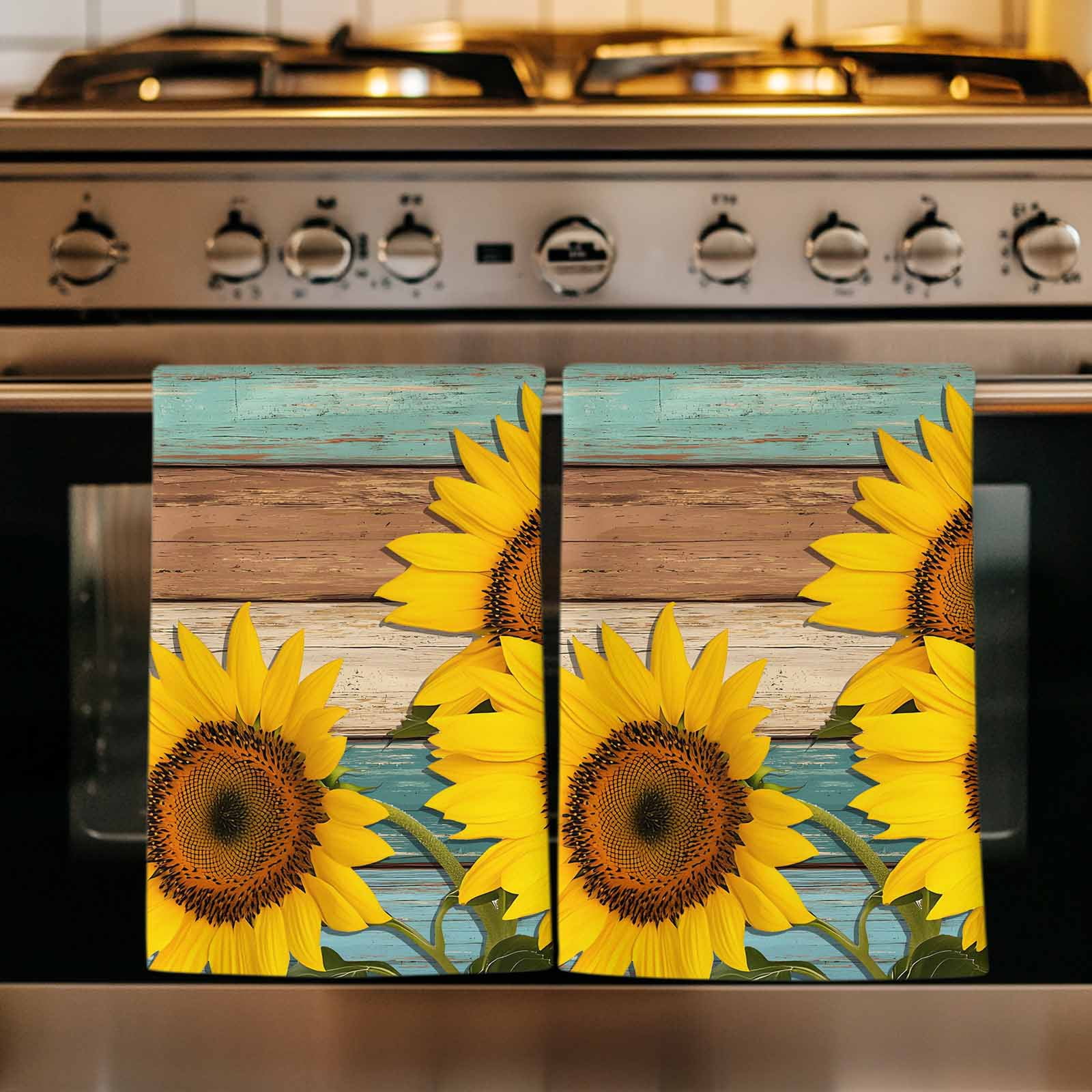 Dish Towels, Sunflower Absorbent Kitchen Towels 2 PCS, Farmhouse Floral Plant Teal Wood Grain Microfiber Hand Towels Dish Cloths Tea Towels for Home&nbsp;Bathroom Cleaning Drying,18X28-Inch,