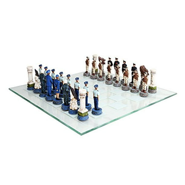 US Air Force vs Marines Military Chess Set Hand Painted with Glass Board