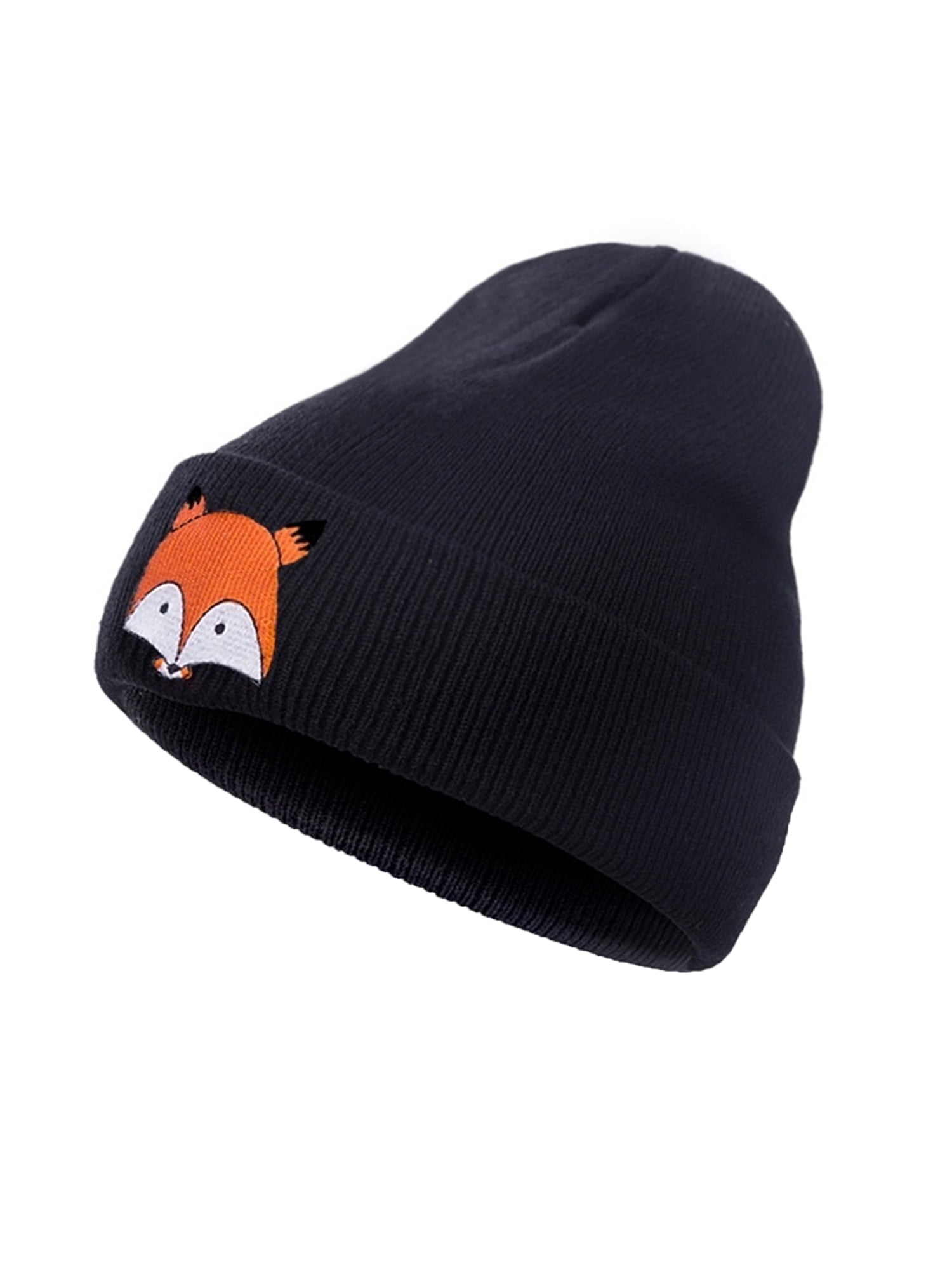 Unisex Embroidery Winter Beanie Cute Fox Printed Warm Chunky Cable Knit Beanie Hats Slouchy Skull Ski Cap