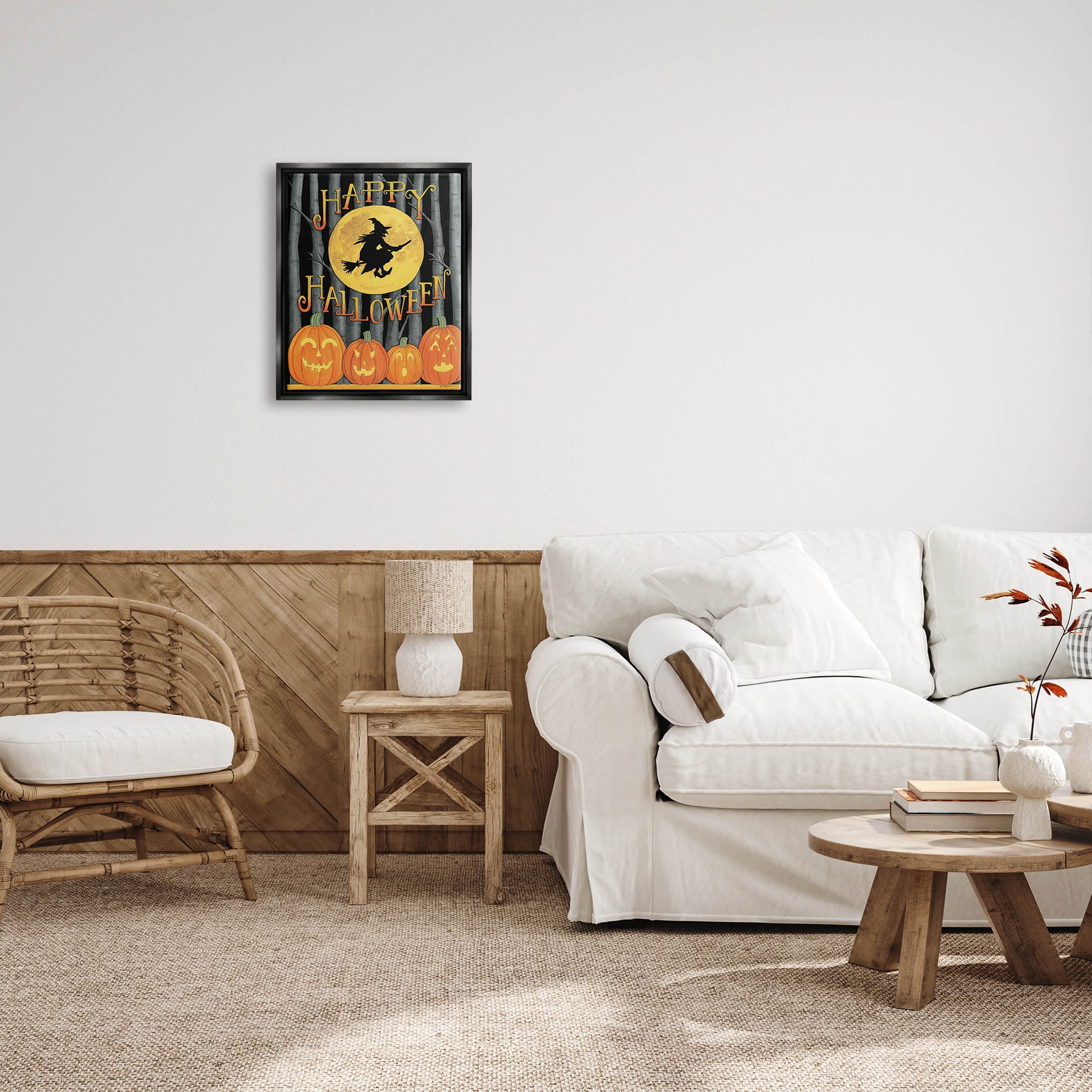 Happy Halloween Forest Witch Holiday Graphic Art Jet Black Framed Art Print Wall Art