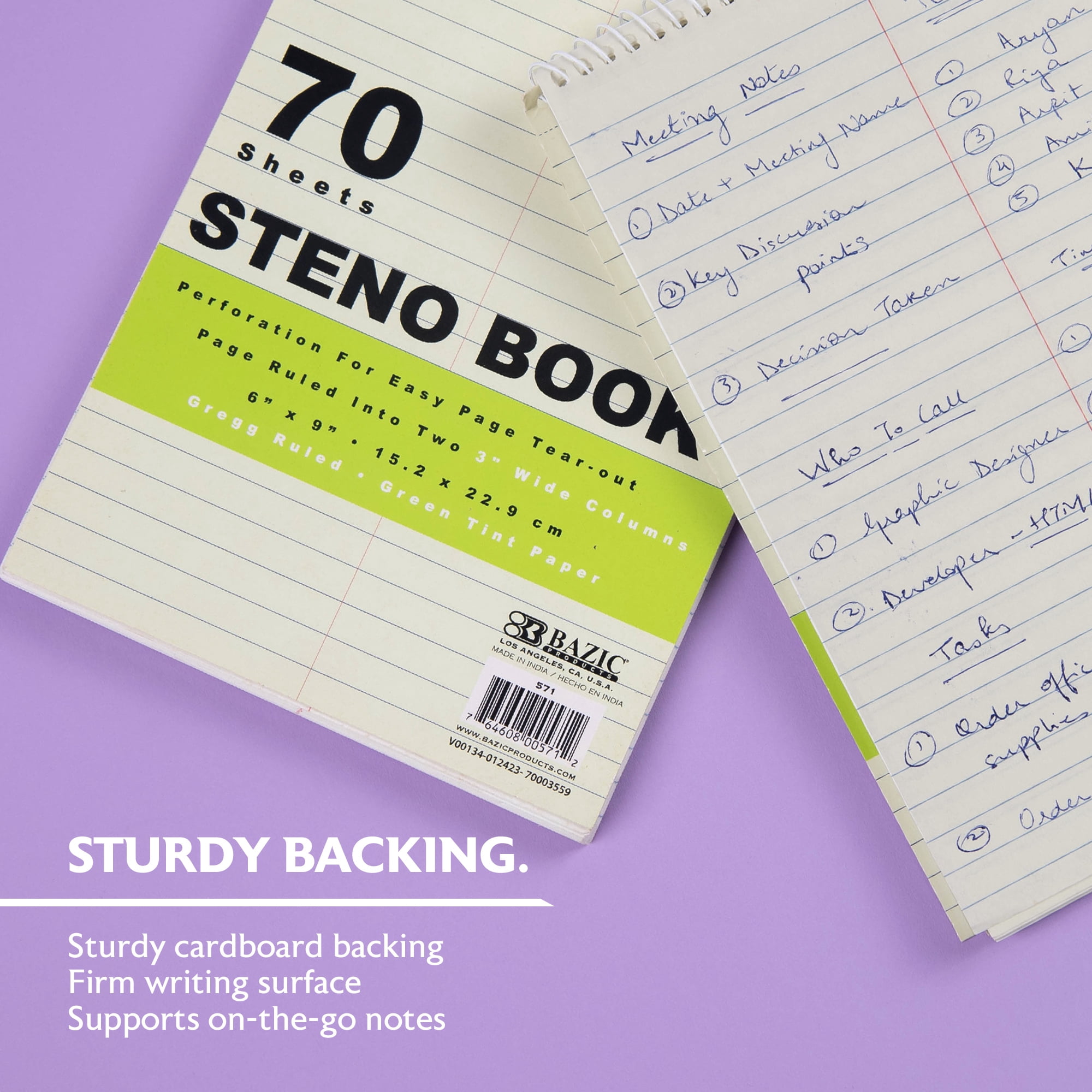 BAZIC Perforated Writing Pad, 80 Sheets 6"x9" Green Tint Gregg Ruled Steno Book, 48-Pack
